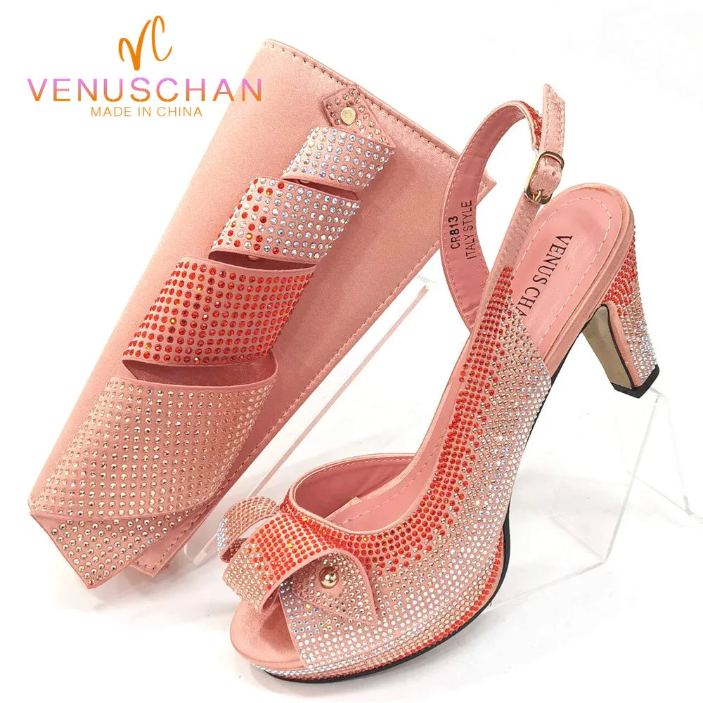 Venus Chan Rhinestone Elegant High Heels Ladies Shoes And Bag Set