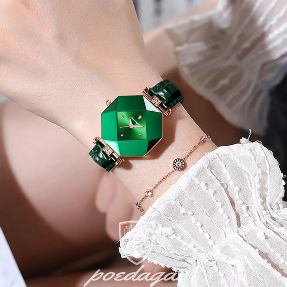 Ladies Green Leather Exquisite Watch