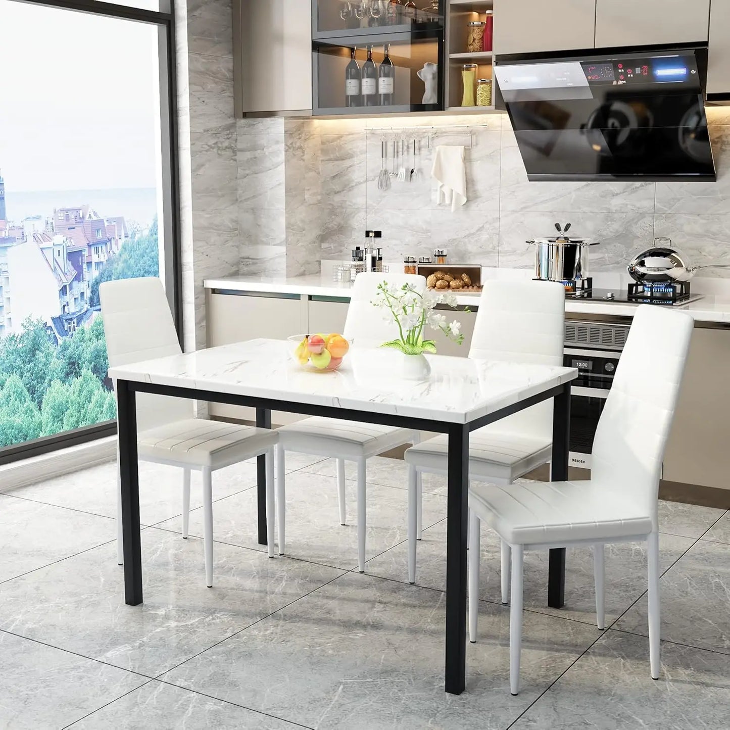 5 Piece Dining Set Faux Marble Table and 4 Faux Leather Upholstered Chairs