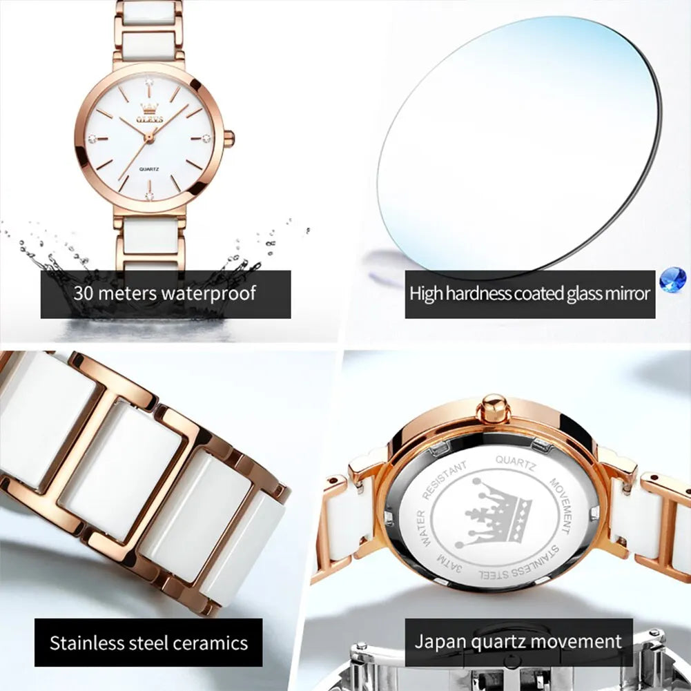 Luxury Rose Gold Watch Quartz Ceramic Strap