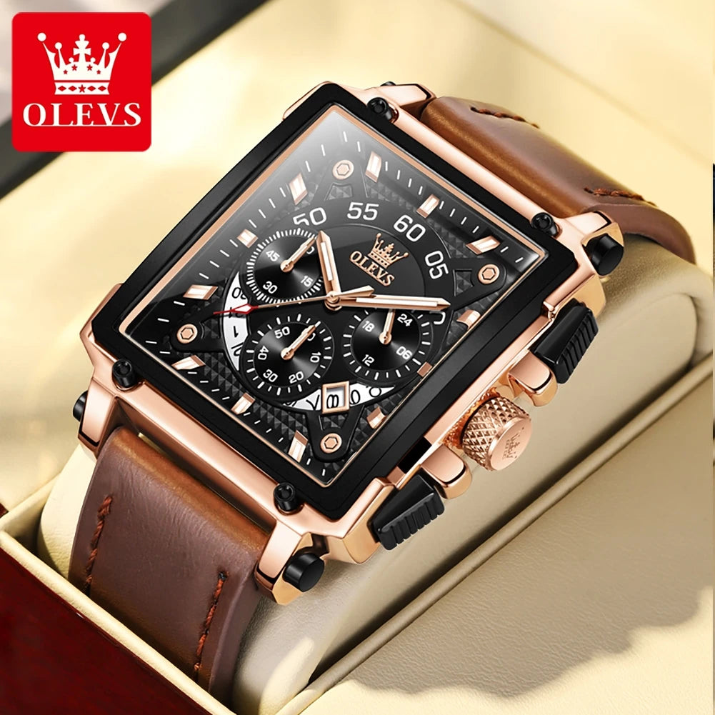 Chronograph Quartz Men's Watch Leather Strap 45MM