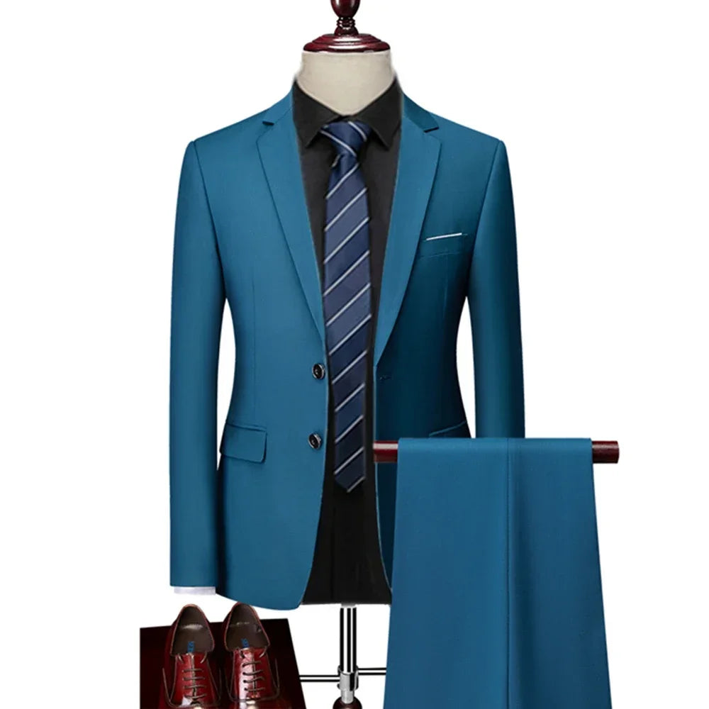 Suit Set Blazers Jacket Pants Men Casual Slim Dress