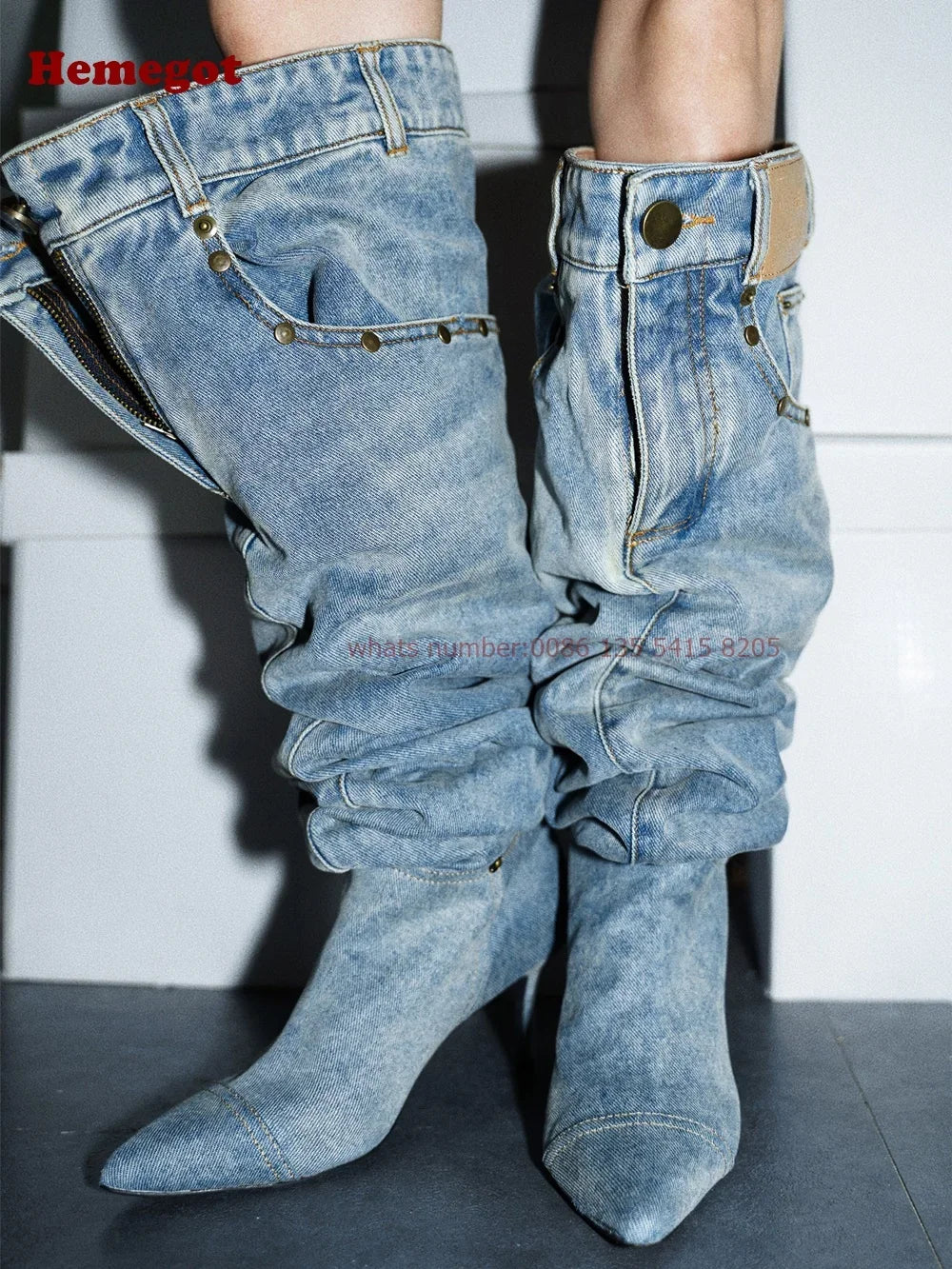 Denim Pants Boots Pointy Toe Pleated Over the Knee