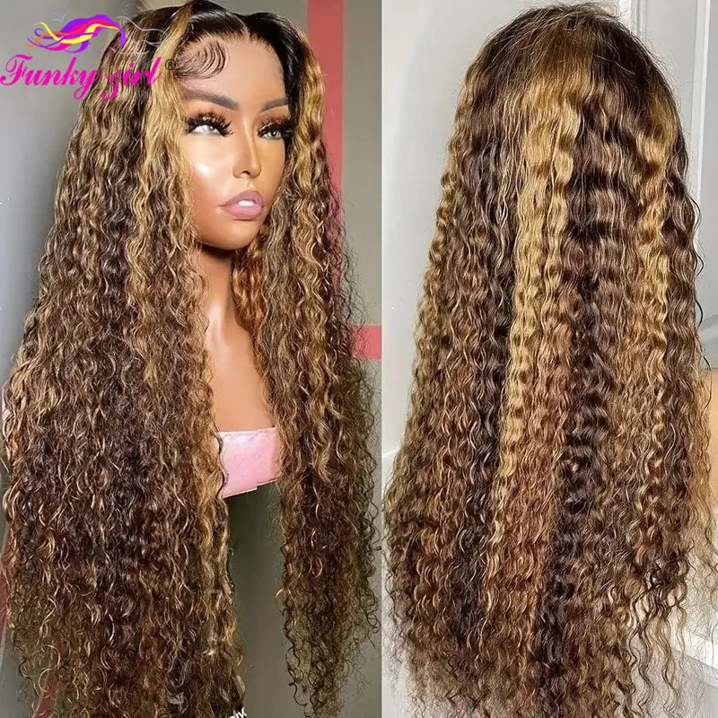 Highlight Lace Front Wig Human Hair Honey Blonde Water Wave