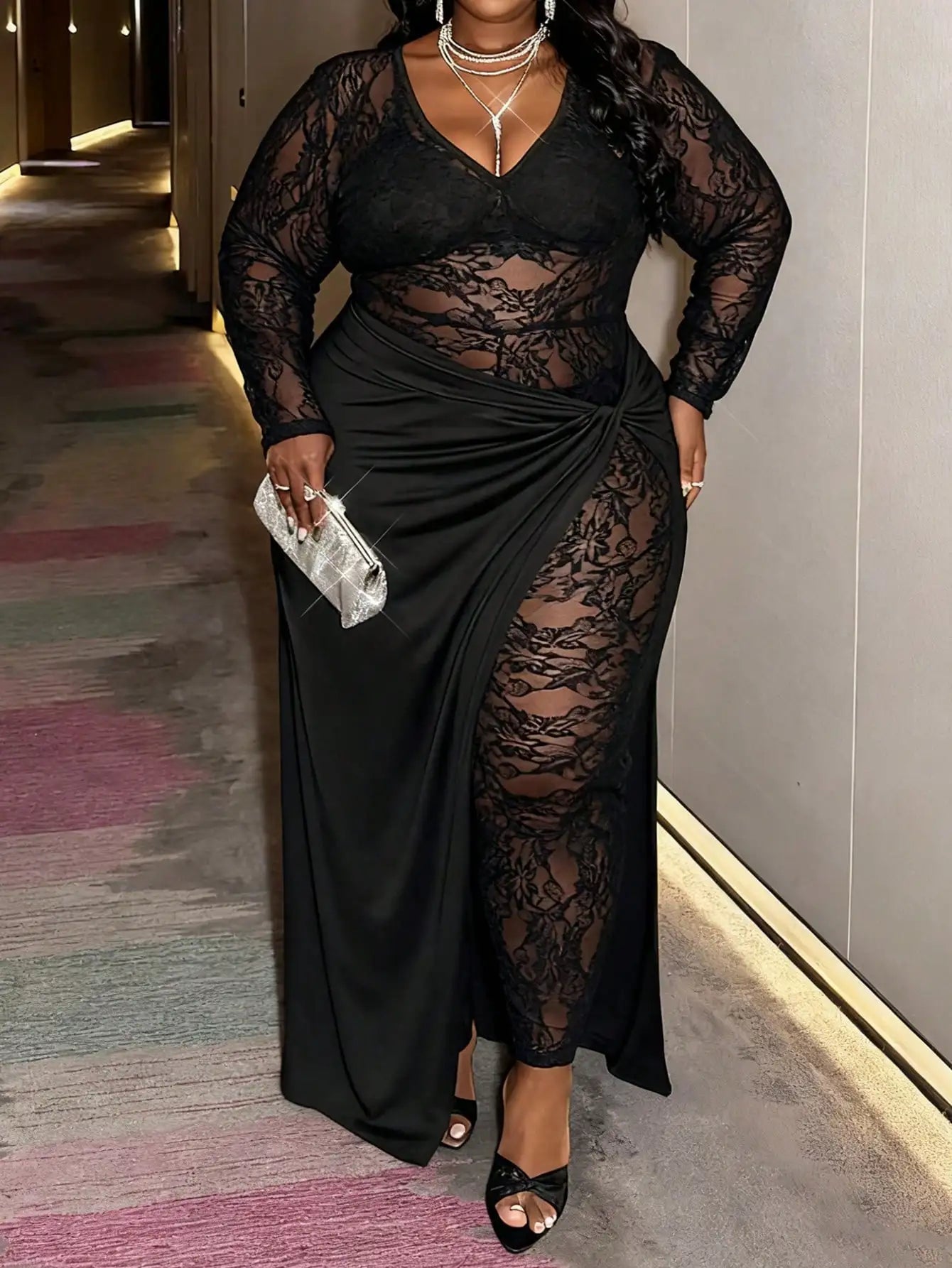 Black Sheer Lace Long Sleeve Maxi Jumpsuit