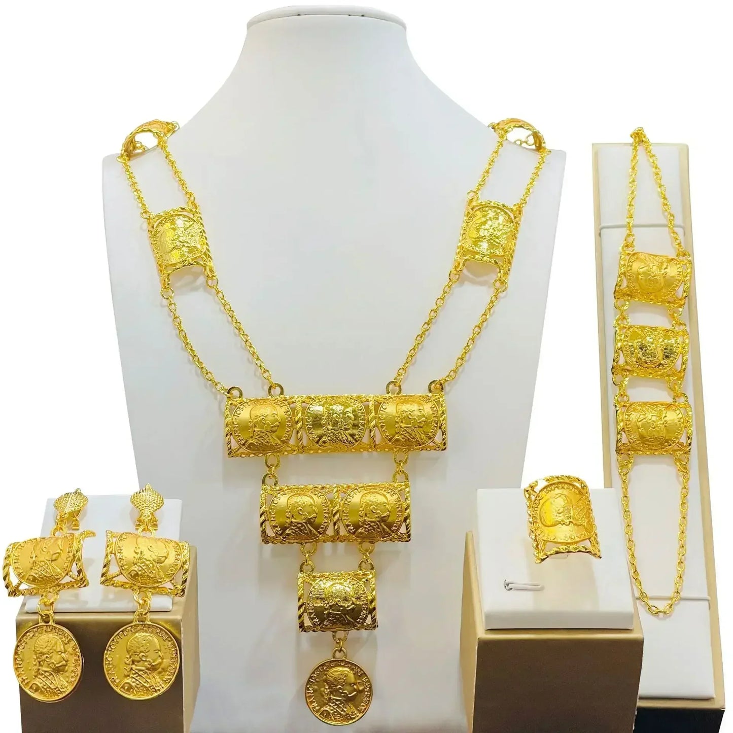 African India Long Chain Tassels Necklace Earrings Bracelet Ring Set