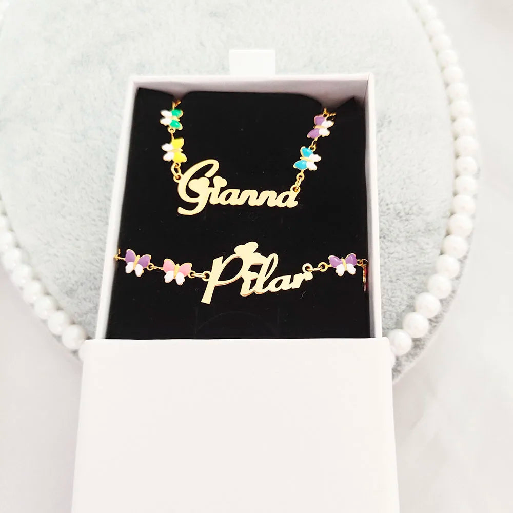 Customized Name Necklace and Bracelet Colorful Butterfly for Children