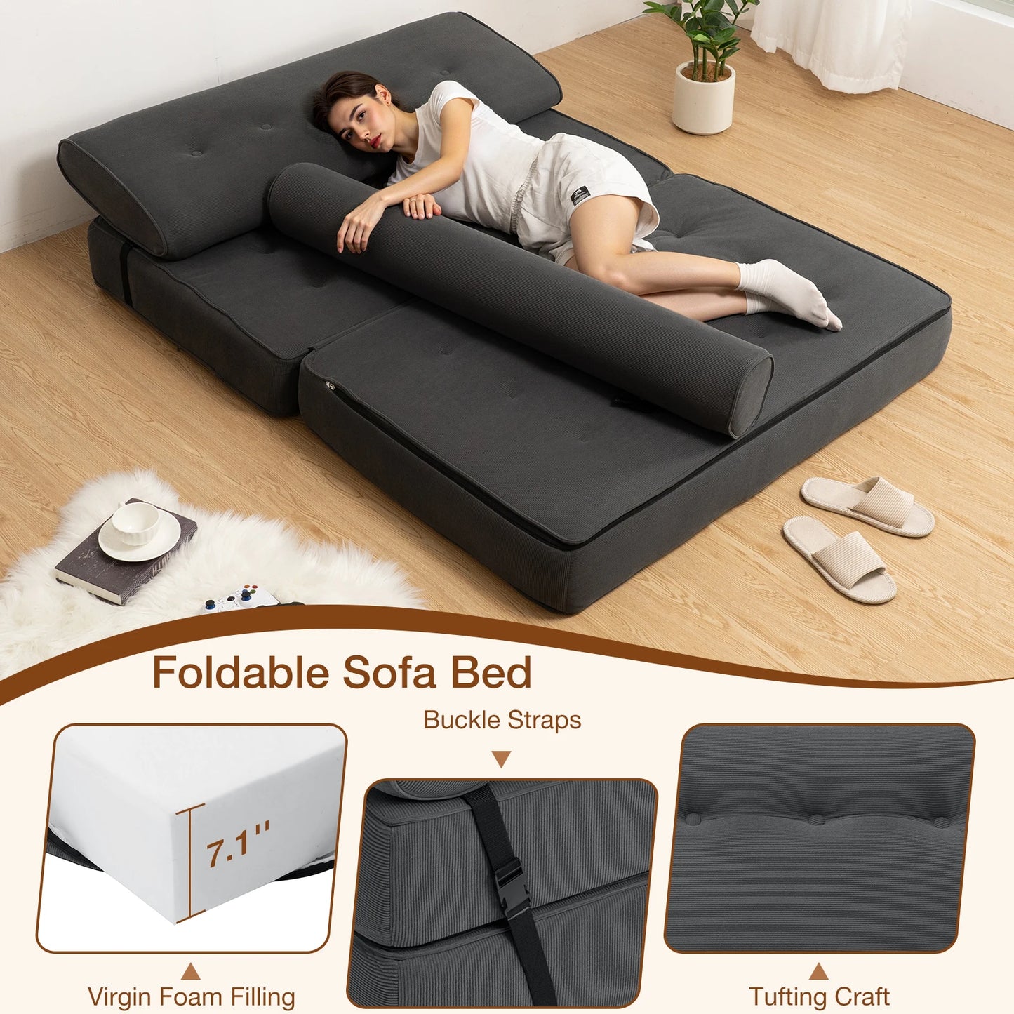 3 in 1 Convertible Sofa Bed with 2 Pillows
