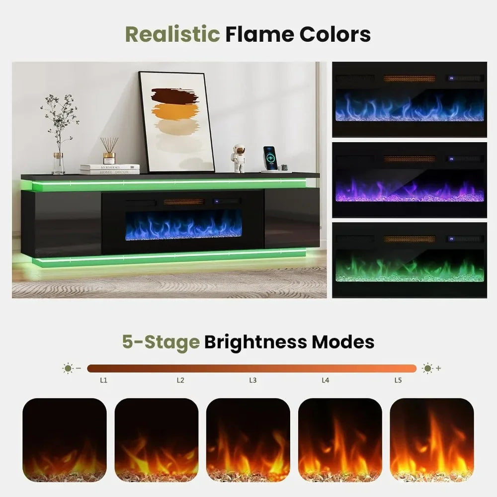 Fireplace TV Stand with LED Light 4 AC Power Outlets, 2 AC, 85 Inch TVs