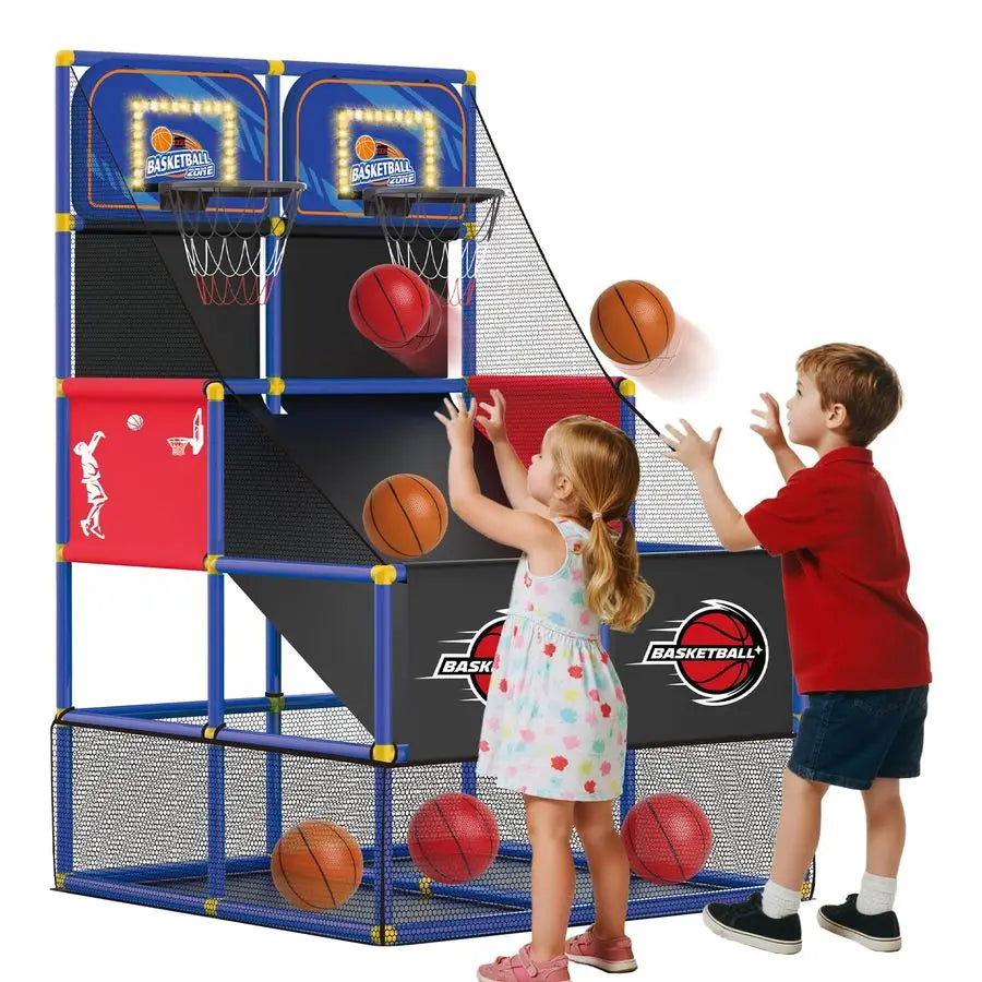 Dual Basketball Arcade with Electronic Scoreboard LED Light 6 Balls