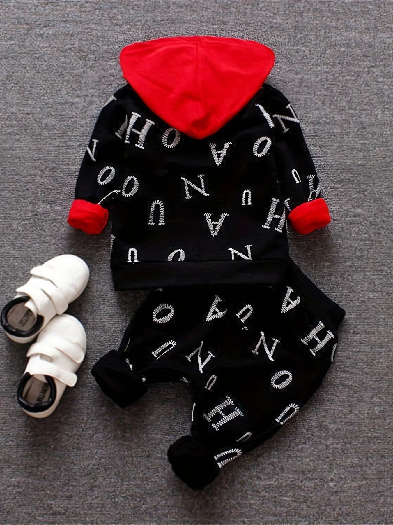 All Over Letter Jacket Hooded Sweater Three Piece Set