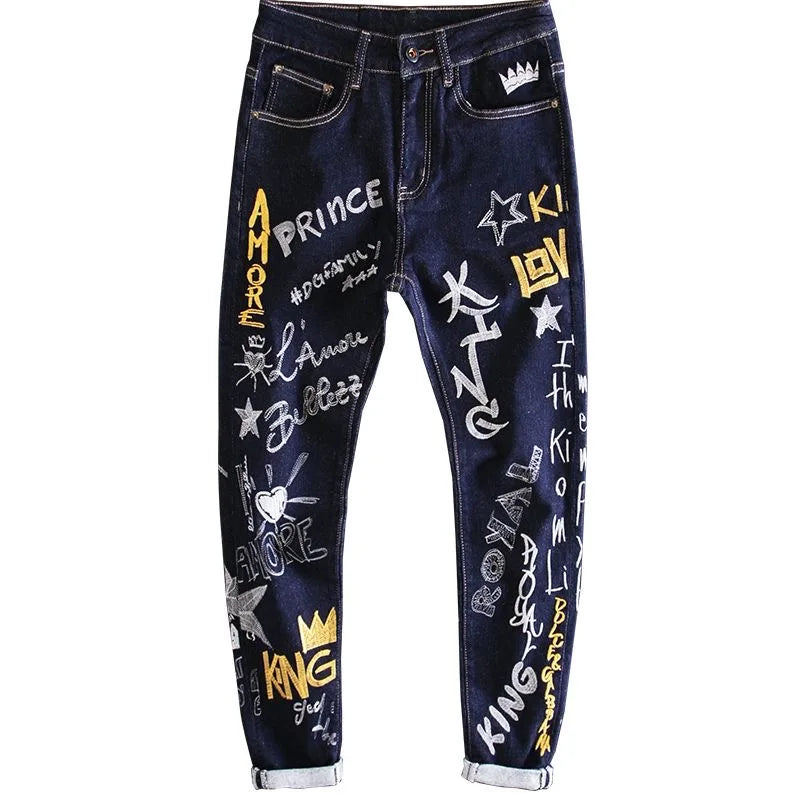 Printed Embroidery Elastic Casual Slim Pants