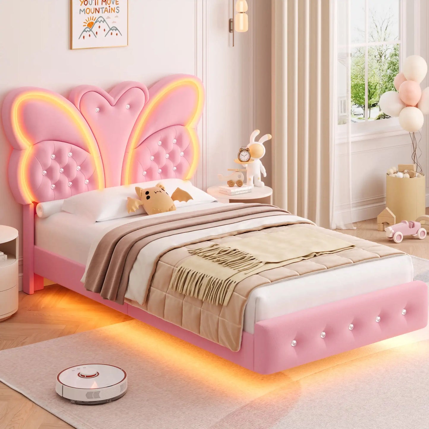 Twin Size Platform Bed Frame with Butterfly Tufted Headboard