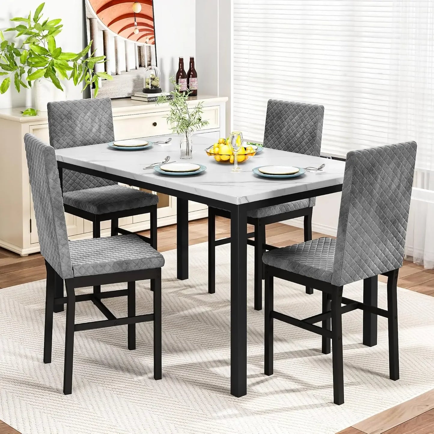 Faux Marble Dining Set with 4 Velvet Upholstered Chairs