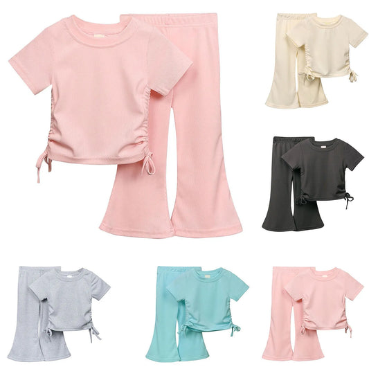 Solid Color Pullover Top + Flare Pants for Girls Aged 2-8
