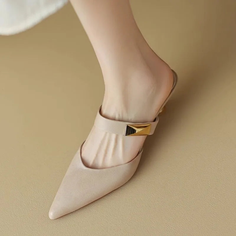 Leather Heeled Slides Sexy Pointed Toe High Quality