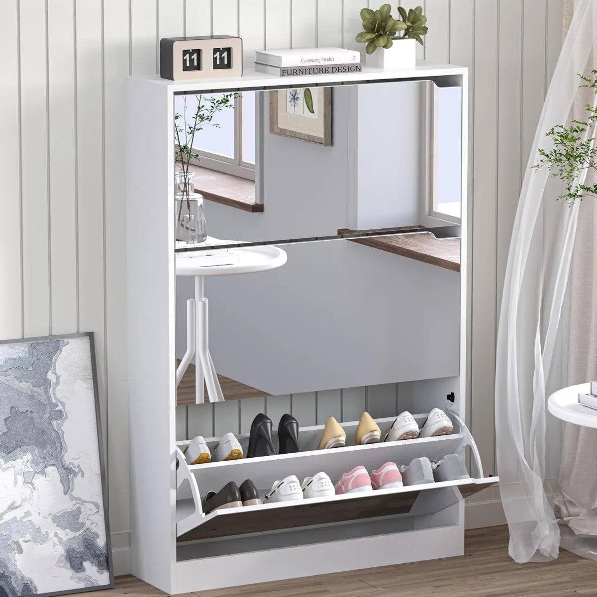 Shoe Cabinet with 3 Flip Mirror Drawers Slim