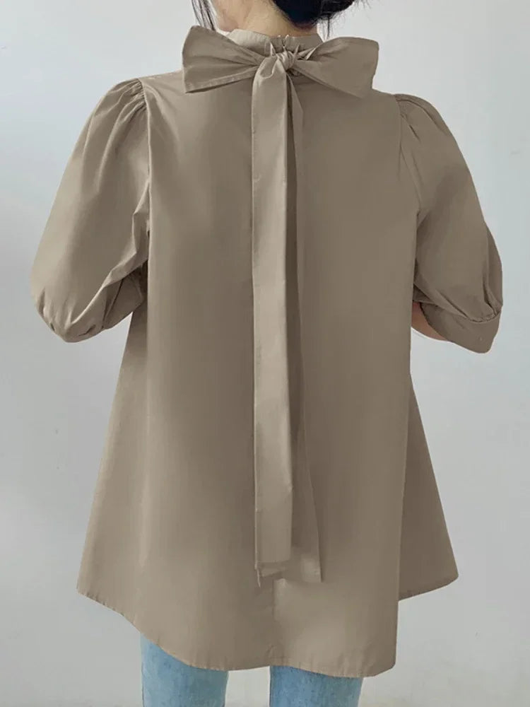 Lantern Sleeve Women Blouses Solid Bow Japan Style