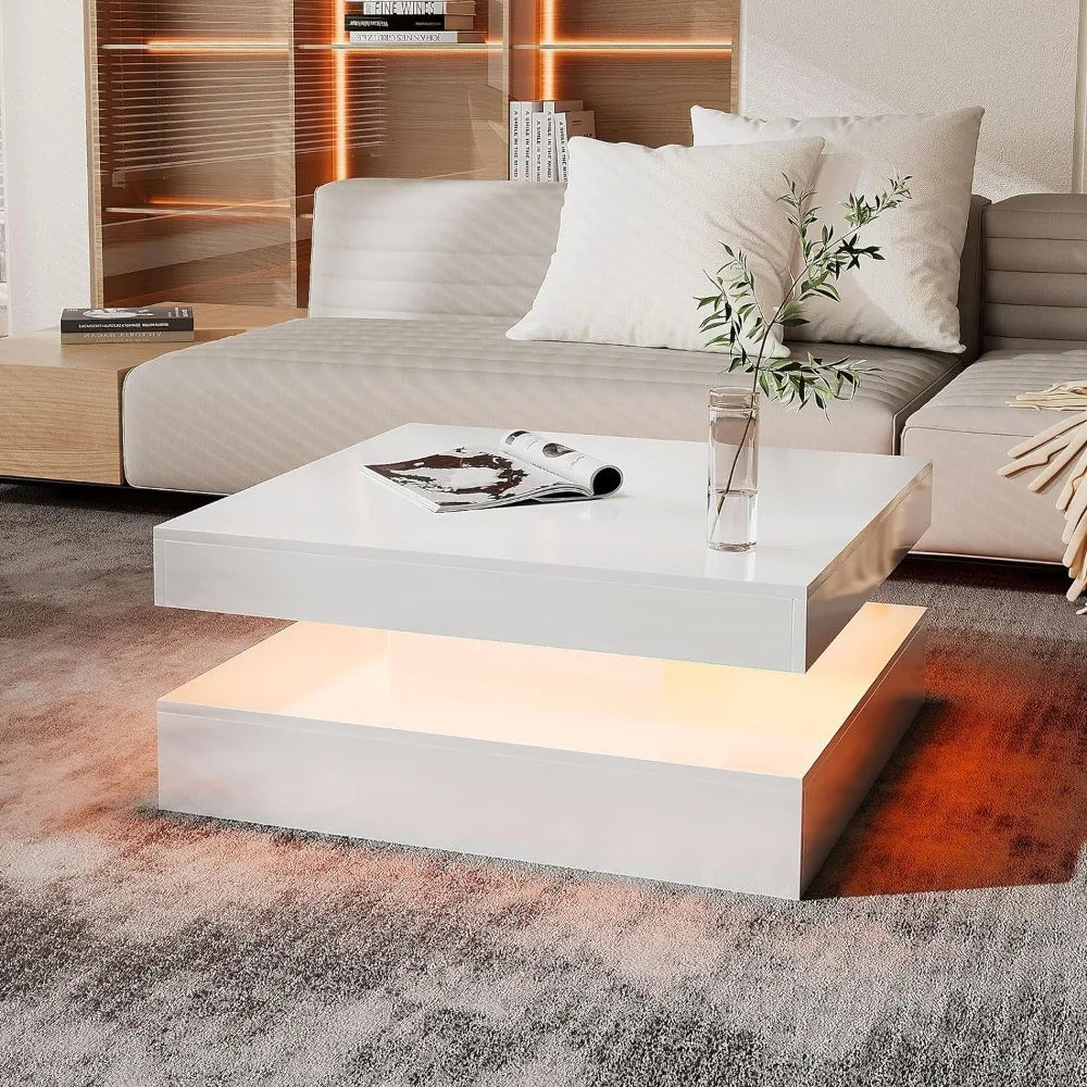 White LED Table for Living Room Wood Square 2-Tier