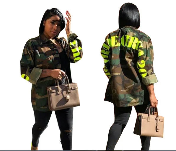 Women's Green Camouflage Long Jacket Streetwear