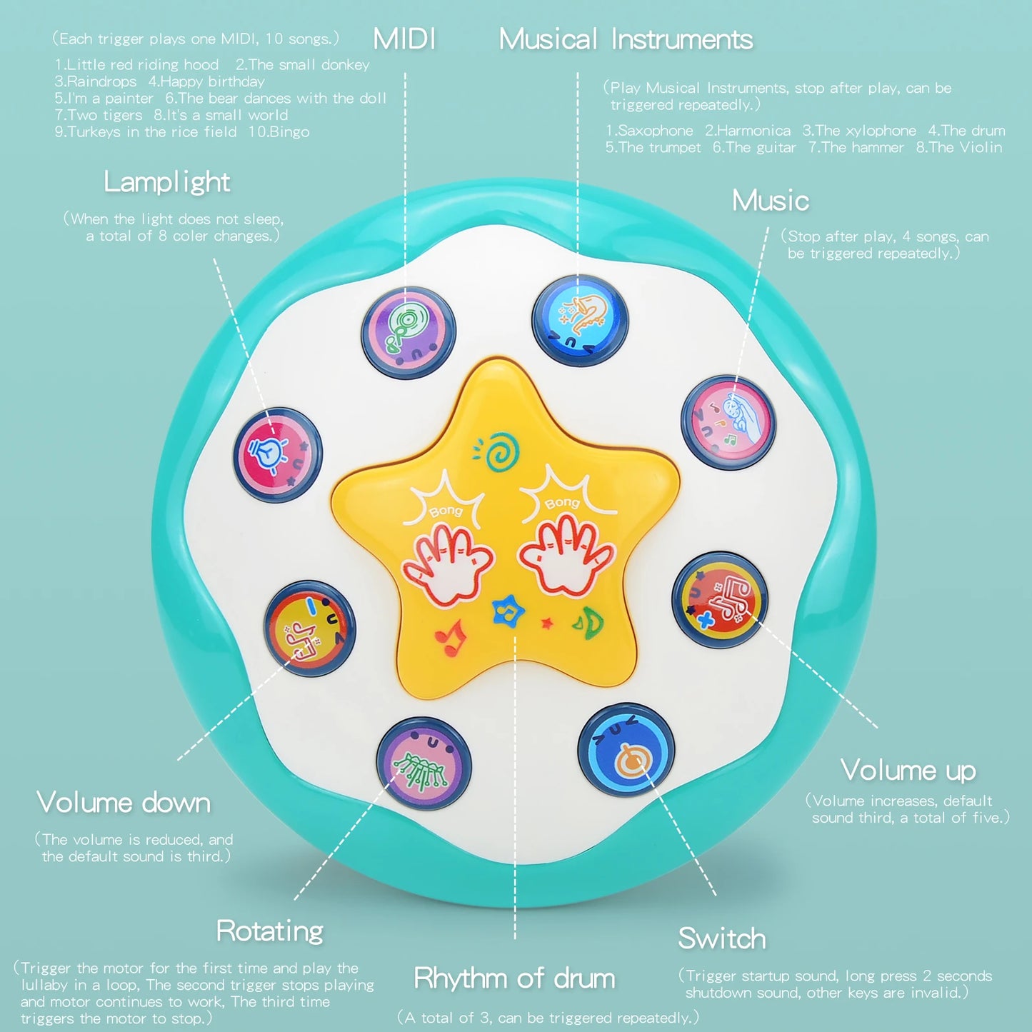 Baby multifunctional light and music hand drum educational toy