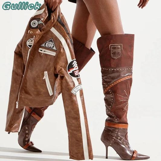 Pointed Toe Motorcycle Boots Stiletto Brown Cover Heel