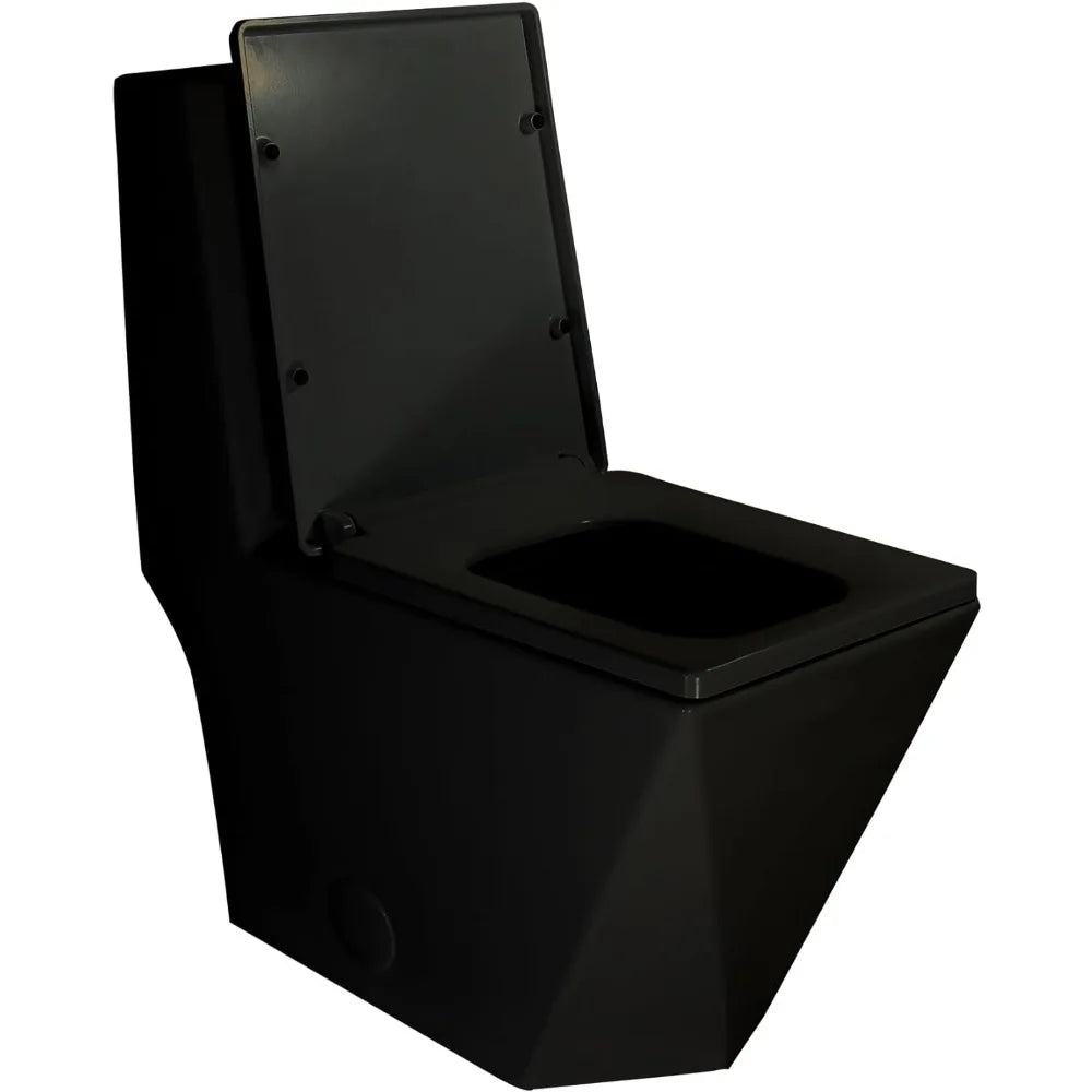 Square One Piece Toilet Black With Gold Button For Modern Sleek Design