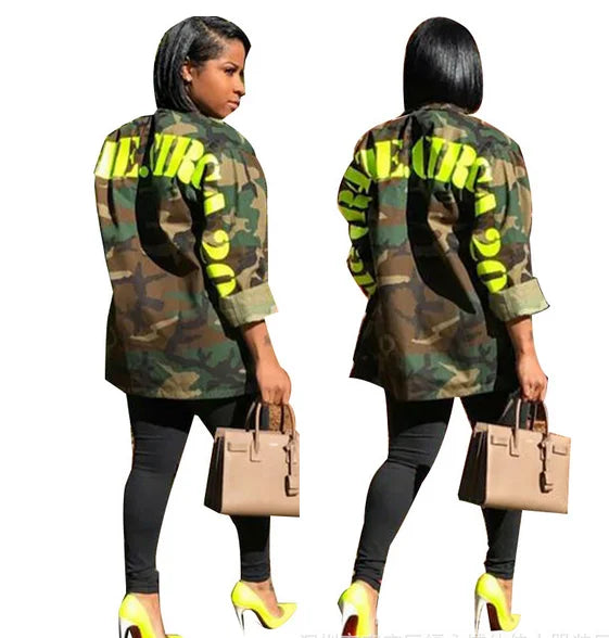 Women's Green Camouflage Long Jacket Streetwear