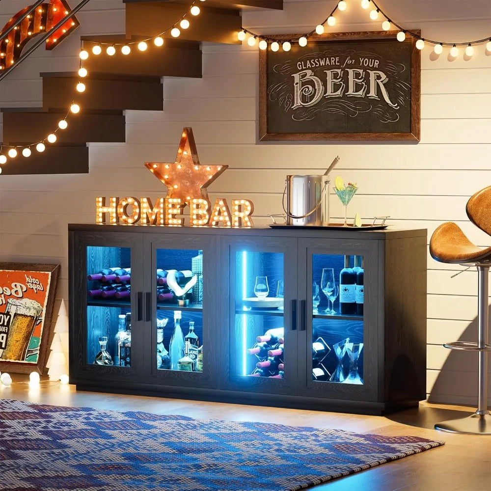 Wine Bar Cabinet with LED Lights 65" Sideboard Buffet