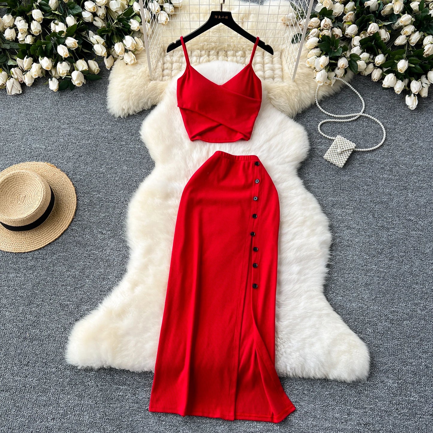 Sexy 2 Piece Crop Camis Top and Split Long Skirt