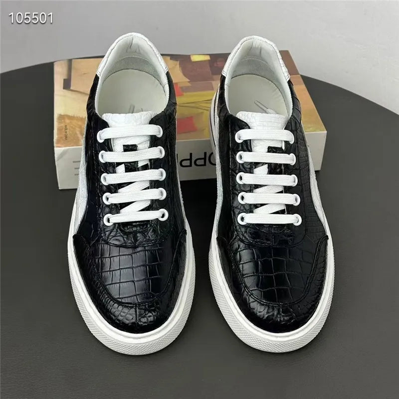 Authentic Real Crocodile Skin Classic Black White Men's Casual Board Shoes