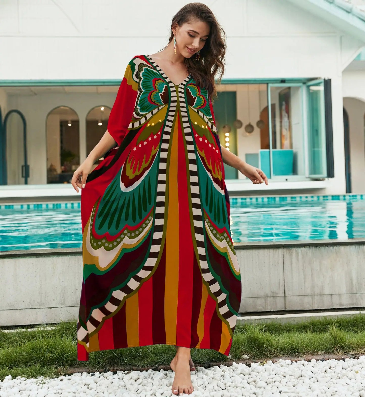 Plus Size Loose Fit Moroccan Print Beach Dress