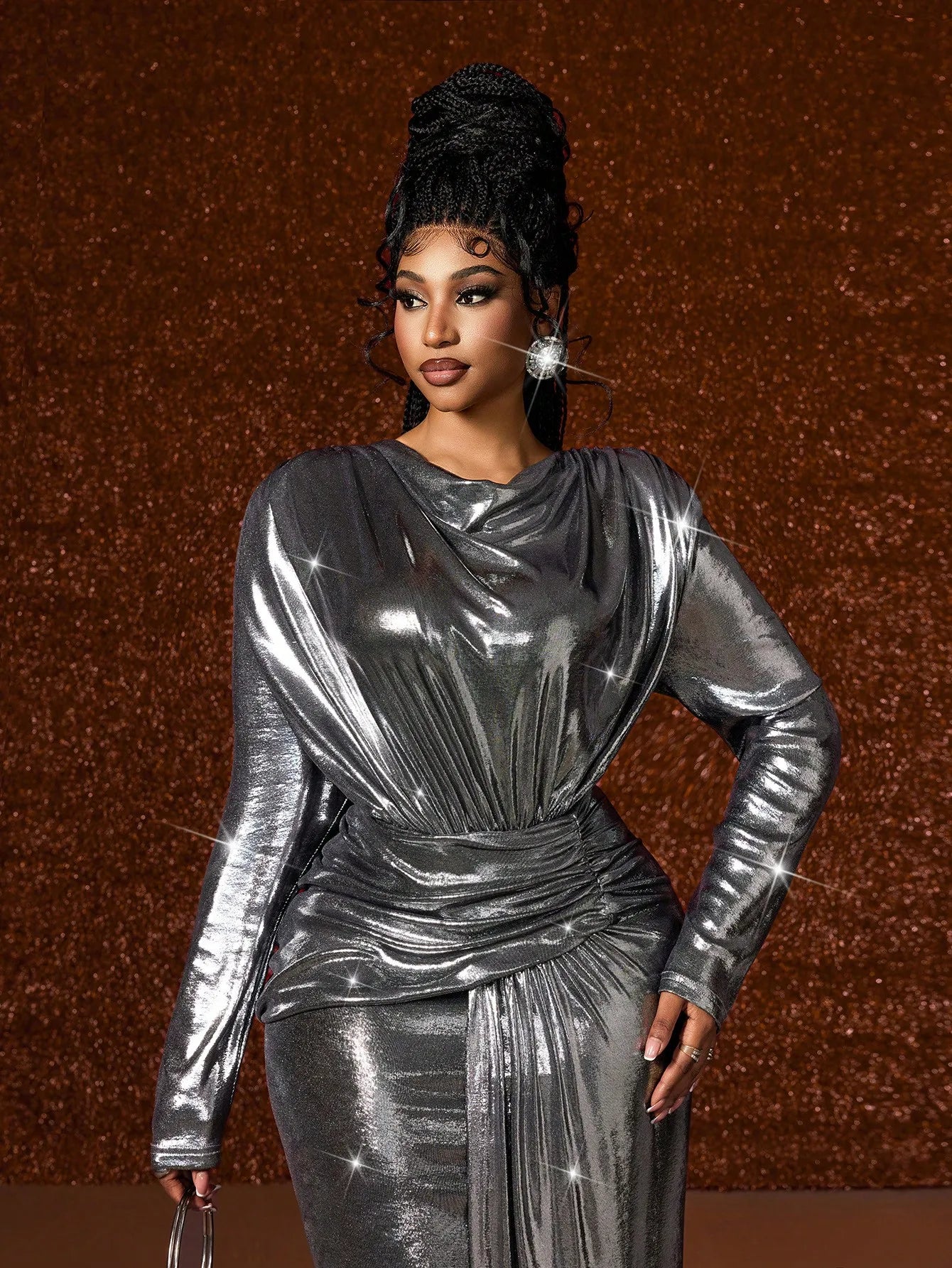 Plus Size Long Sleeve Shiny Metallic Wrap Dress