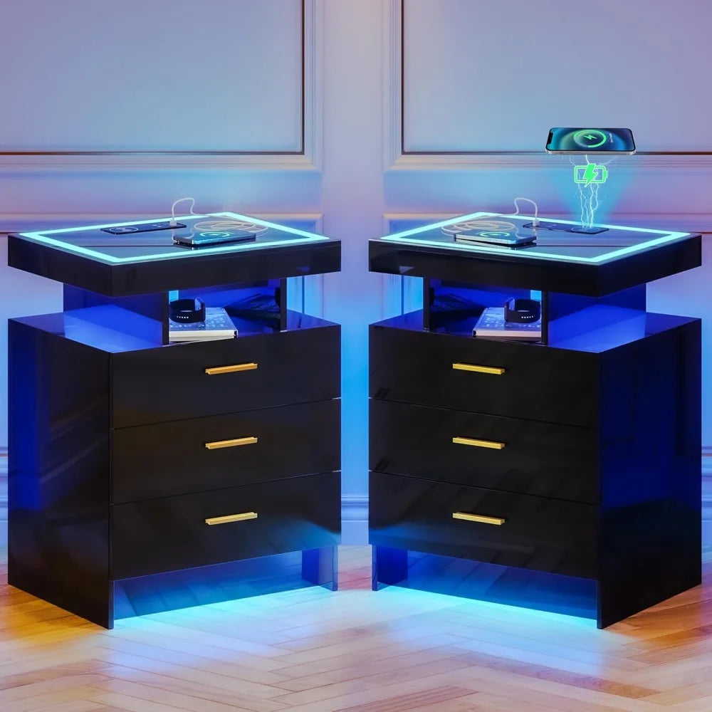 2 Set Nightstands with Wireless Charging Station, Auto Sensor 3 Color Dimmable LED