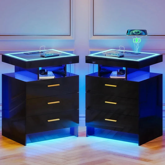 2 Set Nightstands with Wireless Charging Station, Auto Sensor 3 Color Dimmable LED