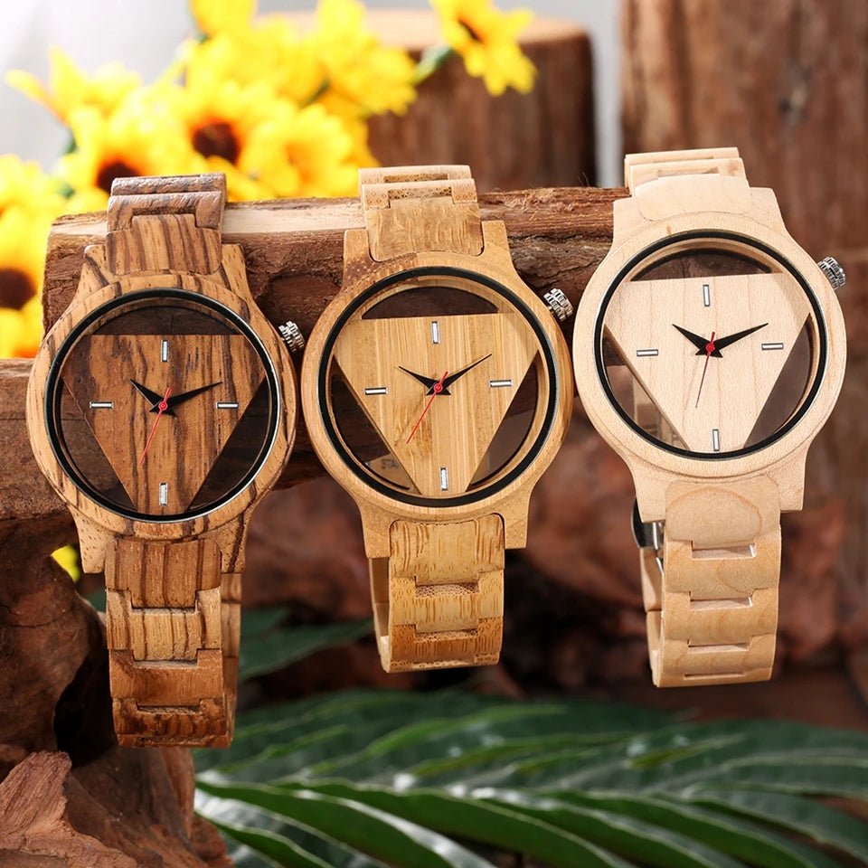 Geometric Bamboo Wooden Quartz Wristwatch