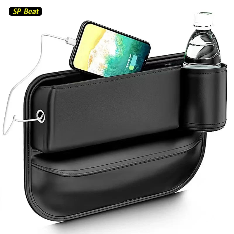 Leather car seat side storage box with cup holder