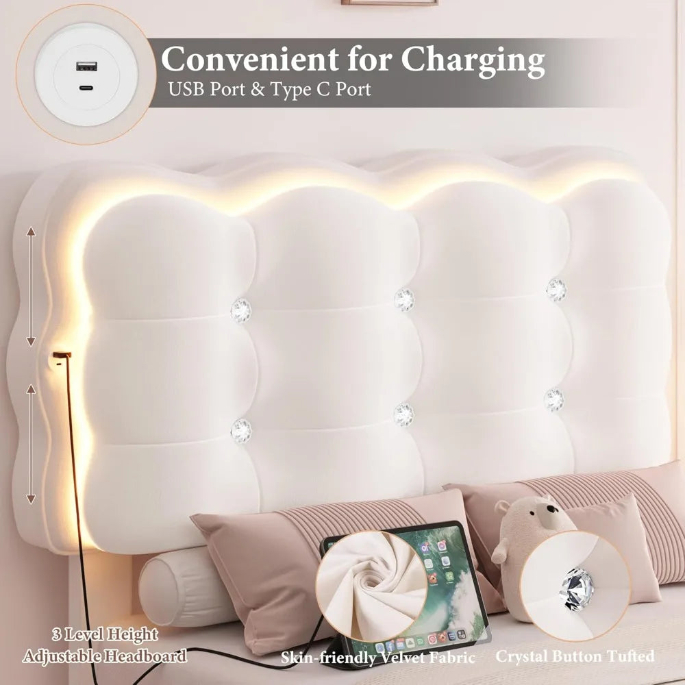 HIFIT 2 Set Upholstered Twin Size LED Bed Frame with Charging Station