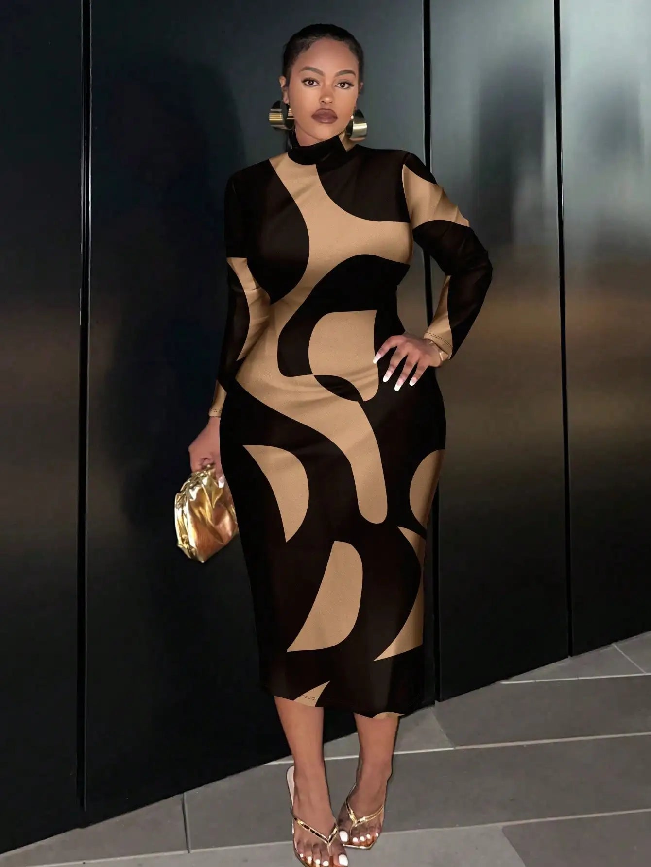 Black & Beige Abstract Print Long Sleeve Midi Dress