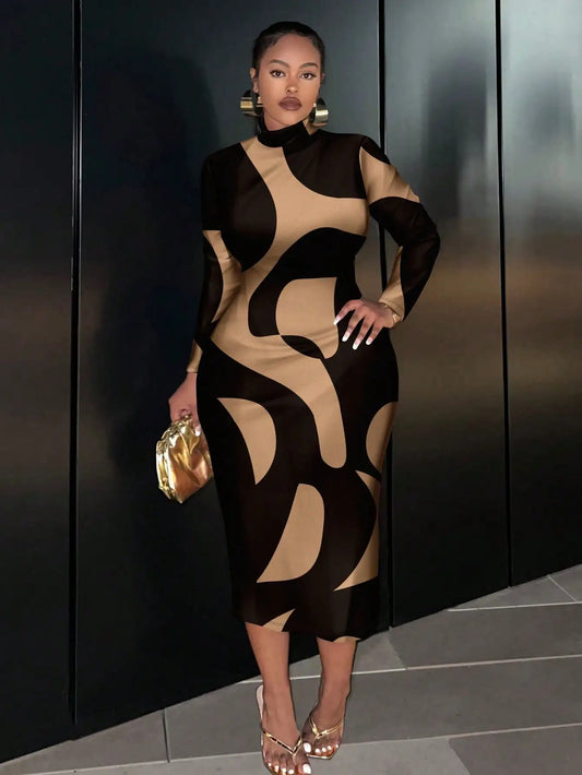 Black & Beige Abstract Print Long Sleeve Midi Dress
