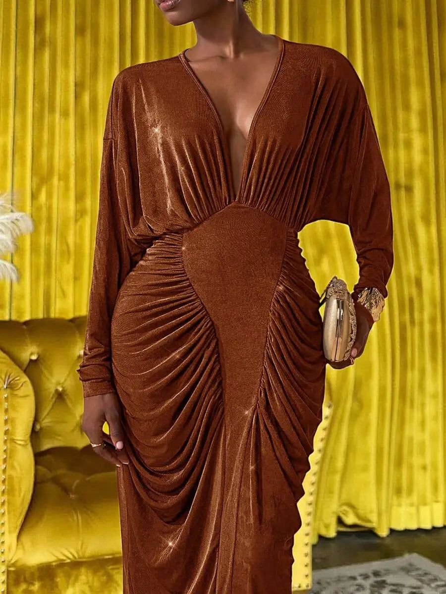 Plus Size Long Sleeve V-Neck Maxi Dress