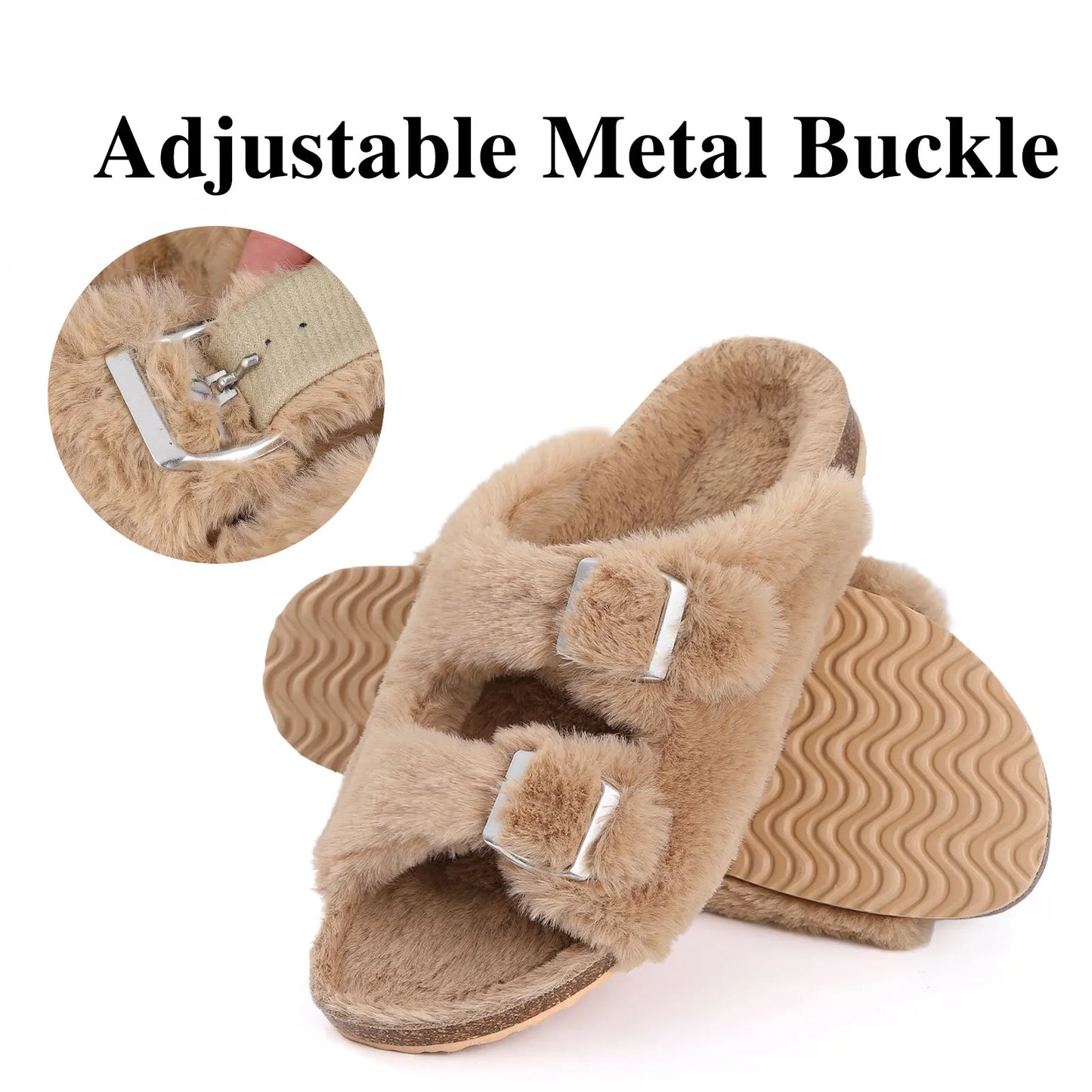 Fluffy Sandals Open Toe with Adjustable Buckle