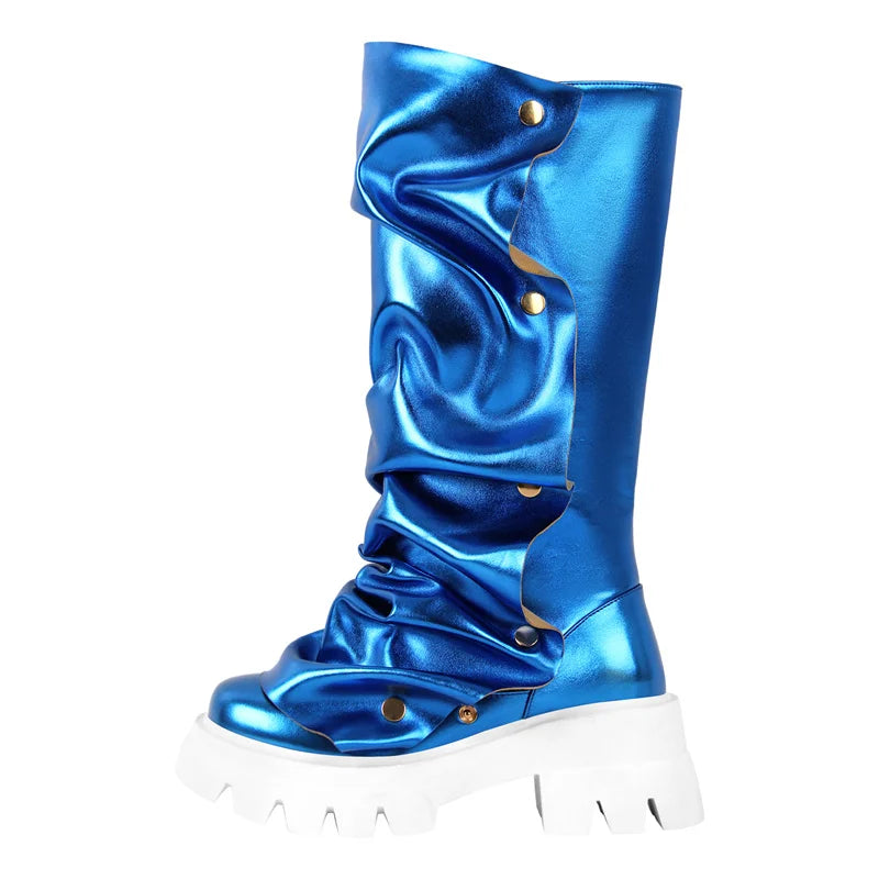Plaftorm Red Fold Over Boots Block Heel Round Toe