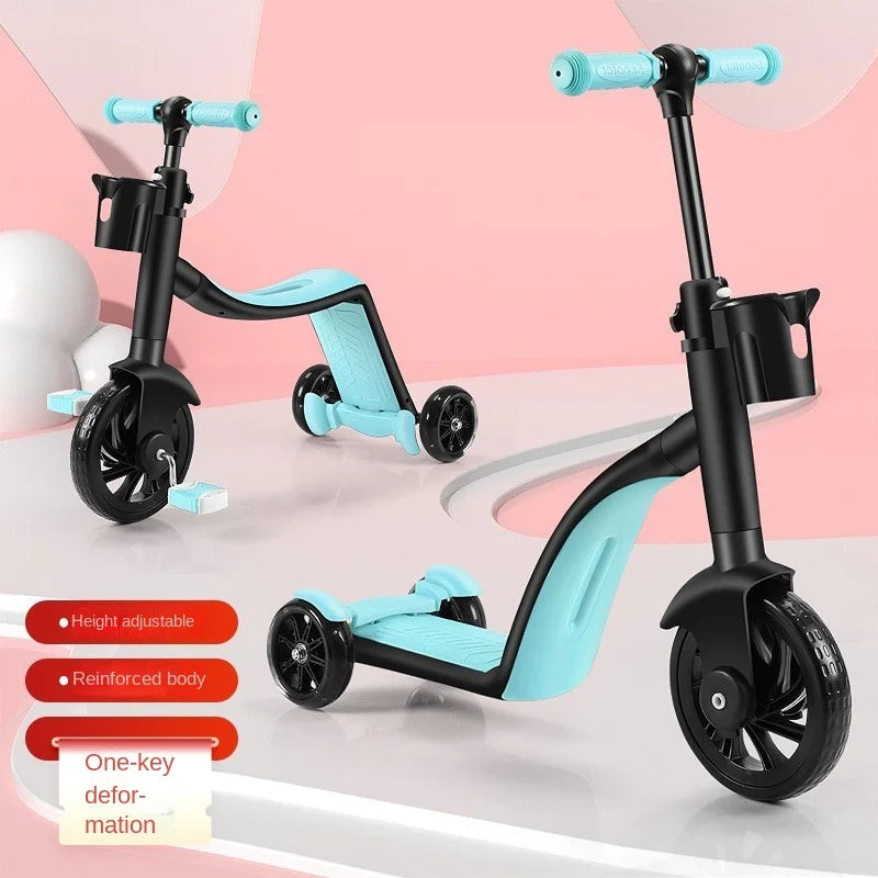 Three-in-one children's scooter folding tricycle