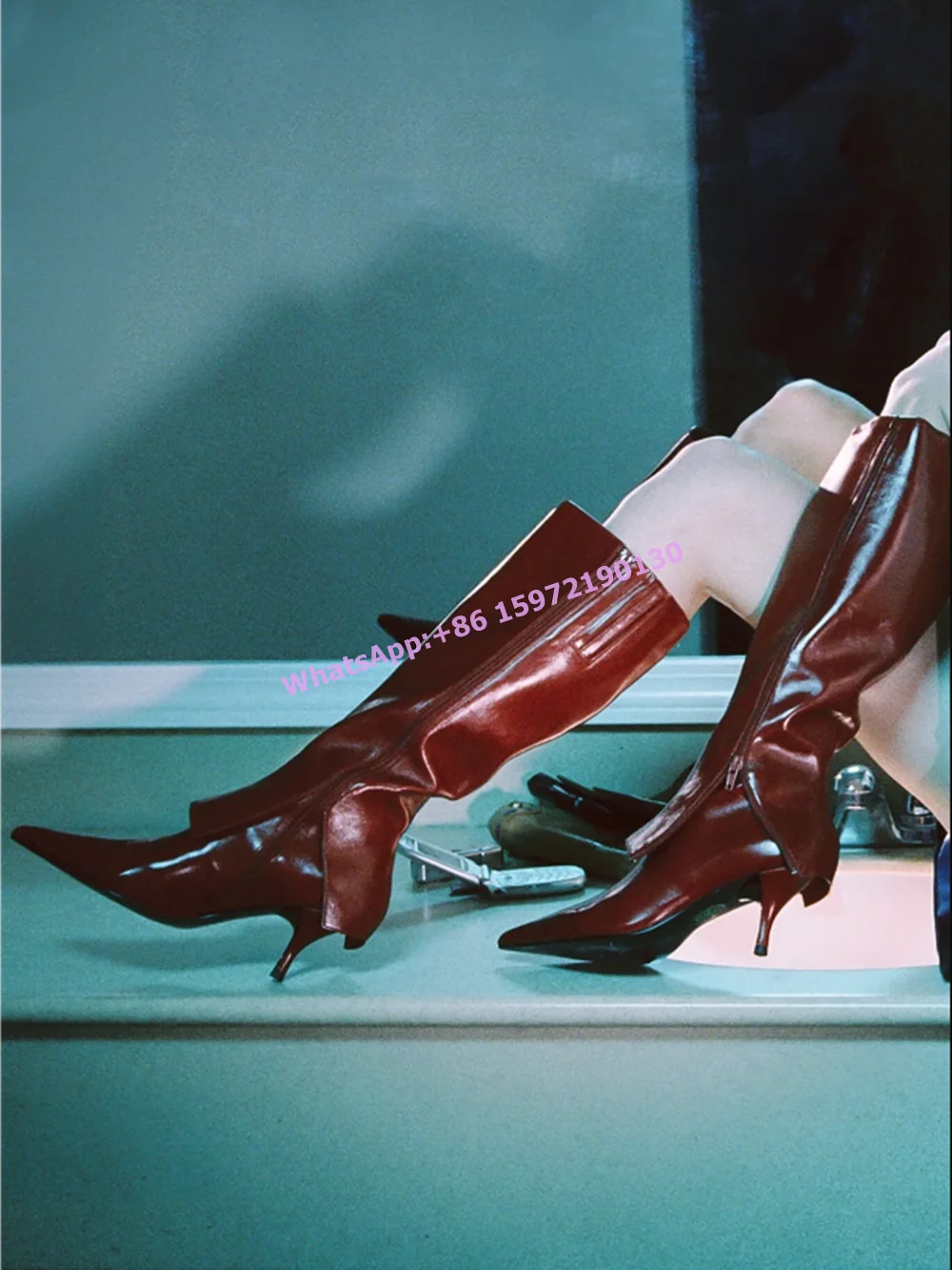 Burgundy Knee High Boots Kitten Heels Pointy Toe Zipper