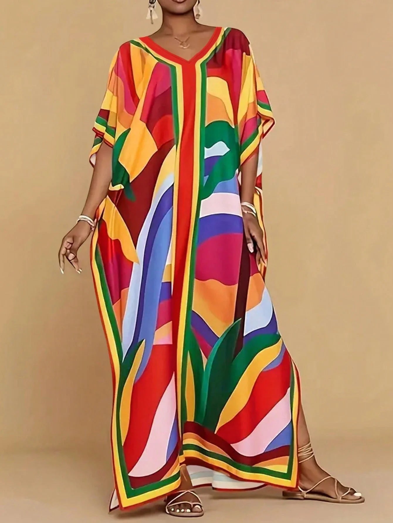 Plus Size Women V-Neck Printed Maxi Dress