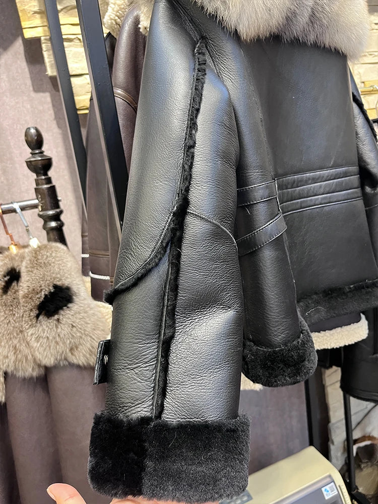 Real Fox Fur Collar Natural Merino Sheep Fur Genuine Leather Jacket