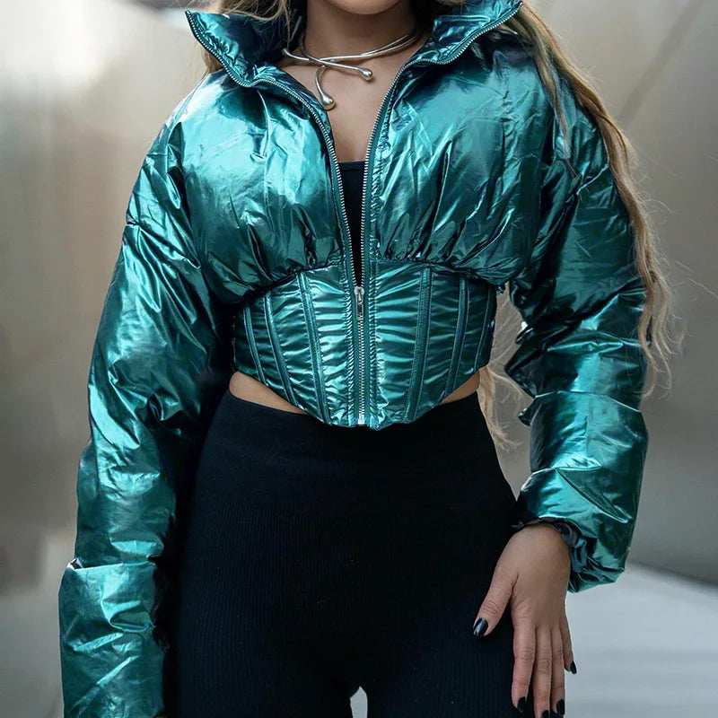 Blue Metallic Long Sleeve Cropped Puffer Jacket
