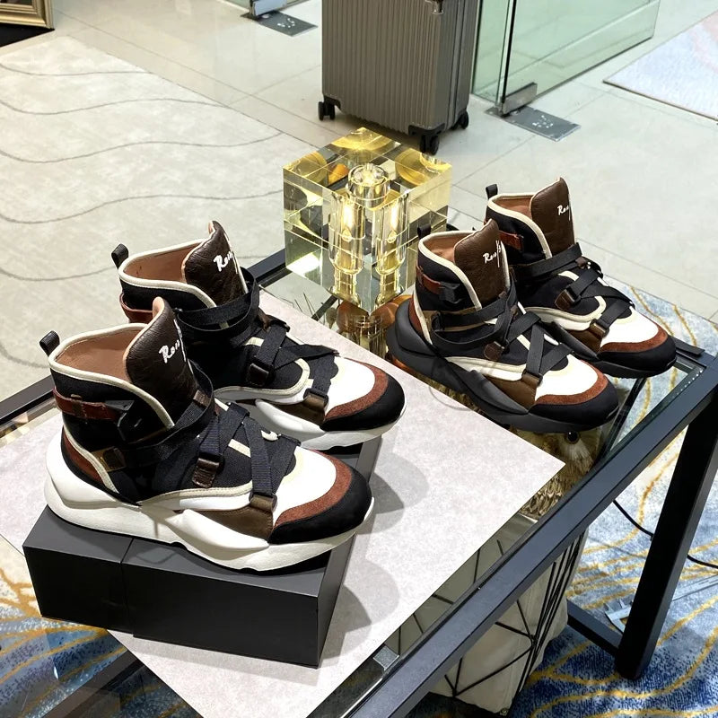 Men Genuine Leather Thick Bottom High Top Sneakers