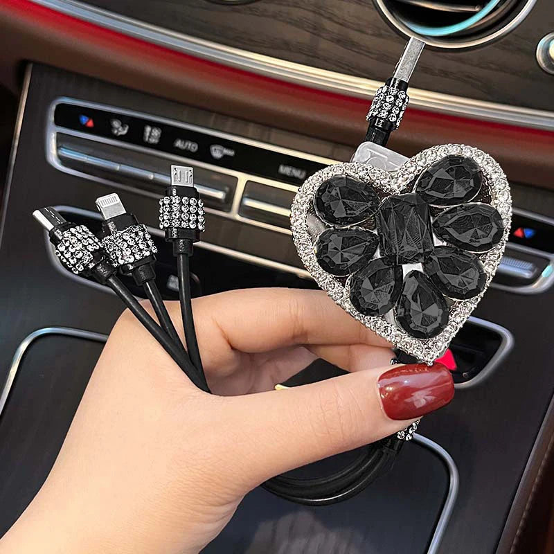 3 IN 1 Diamond Goddess USB Multi Cable Rhinestone Car Fast Charger